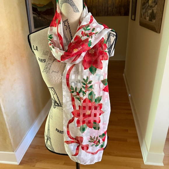 Christmas Poinsettia Scarf Rectangular Made in Korea 57.5"L X 13"W - Picture 2 of 15